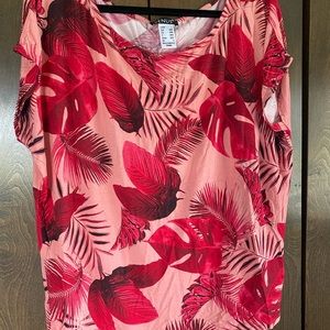 Off the shoulder shirt- red and pink with plant pattern